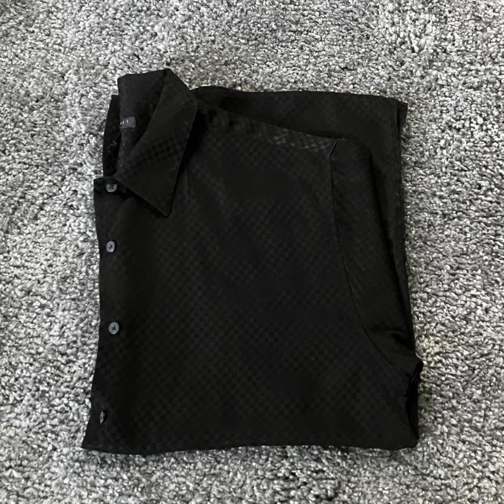 domani platinum black checkered short sleeved button up dress shirt
